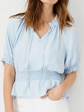 Light Blue Mixed Media Crossover Smocked Waist Blouse Top